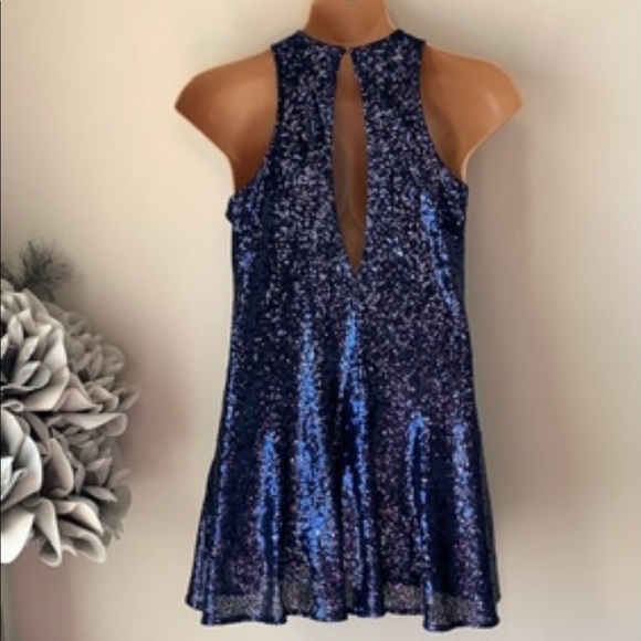FREE PEOPLE Sleeveless Blue Liquid Shine Sequin Mini Dress S - Picture 4 of 13
